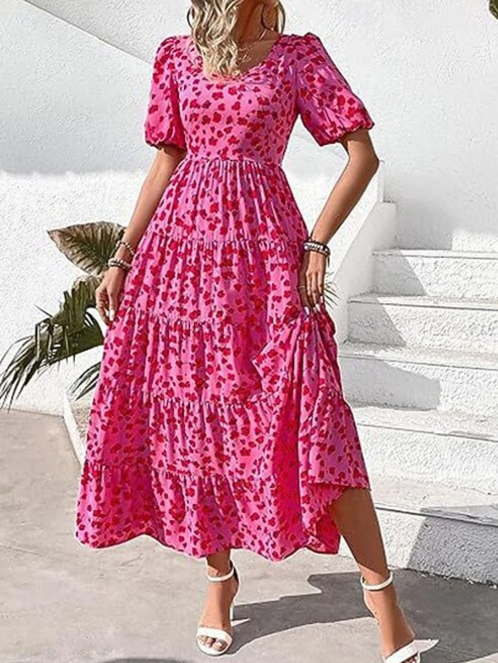 Fashion Nova Hot Pink Floral Maxi Dress with Puff Sleeves